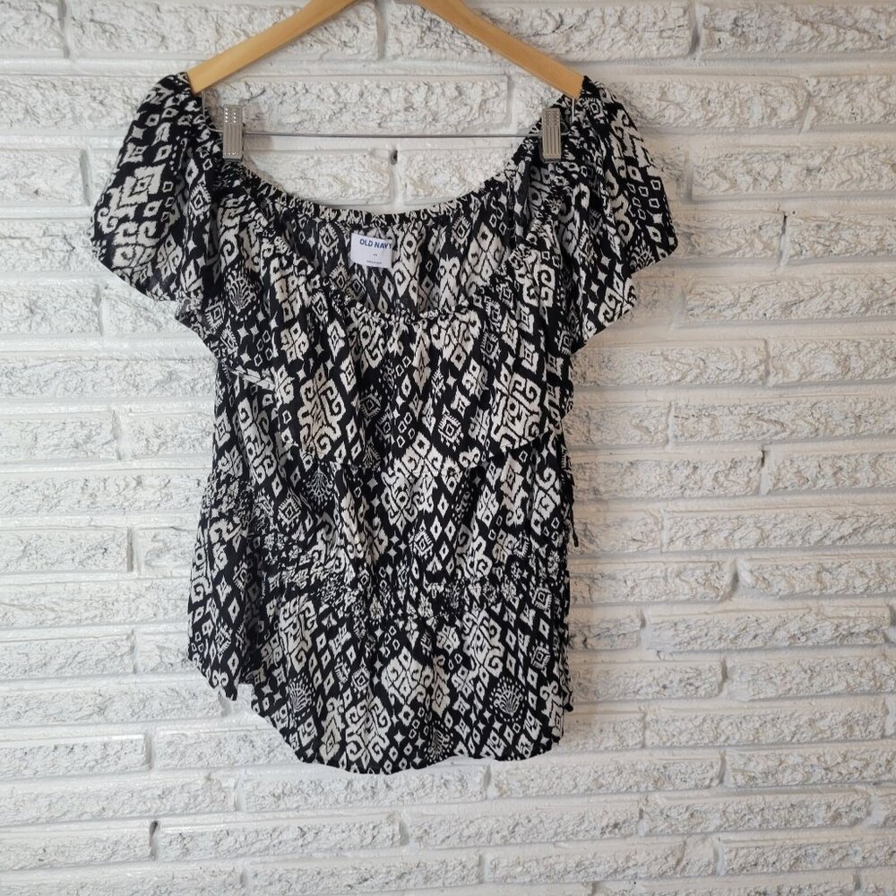 Old Navy Women's 2X Plus Blouse Black White Ruffle Off Shoulder Top GEO1XE